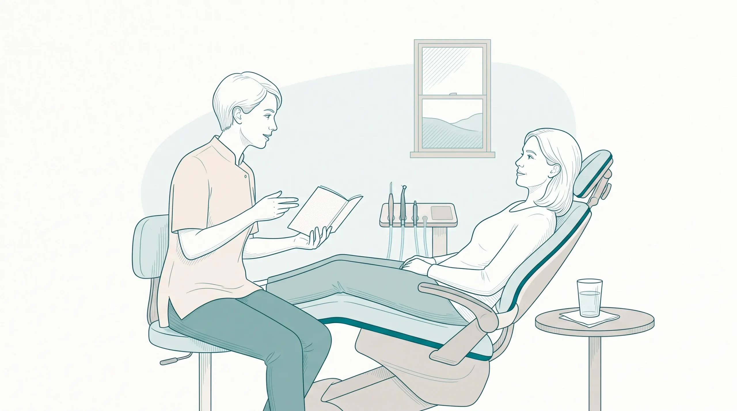 A dentist in neat clinical attire speaks with an adult patient in a dental chair during a calm discussion about care options.