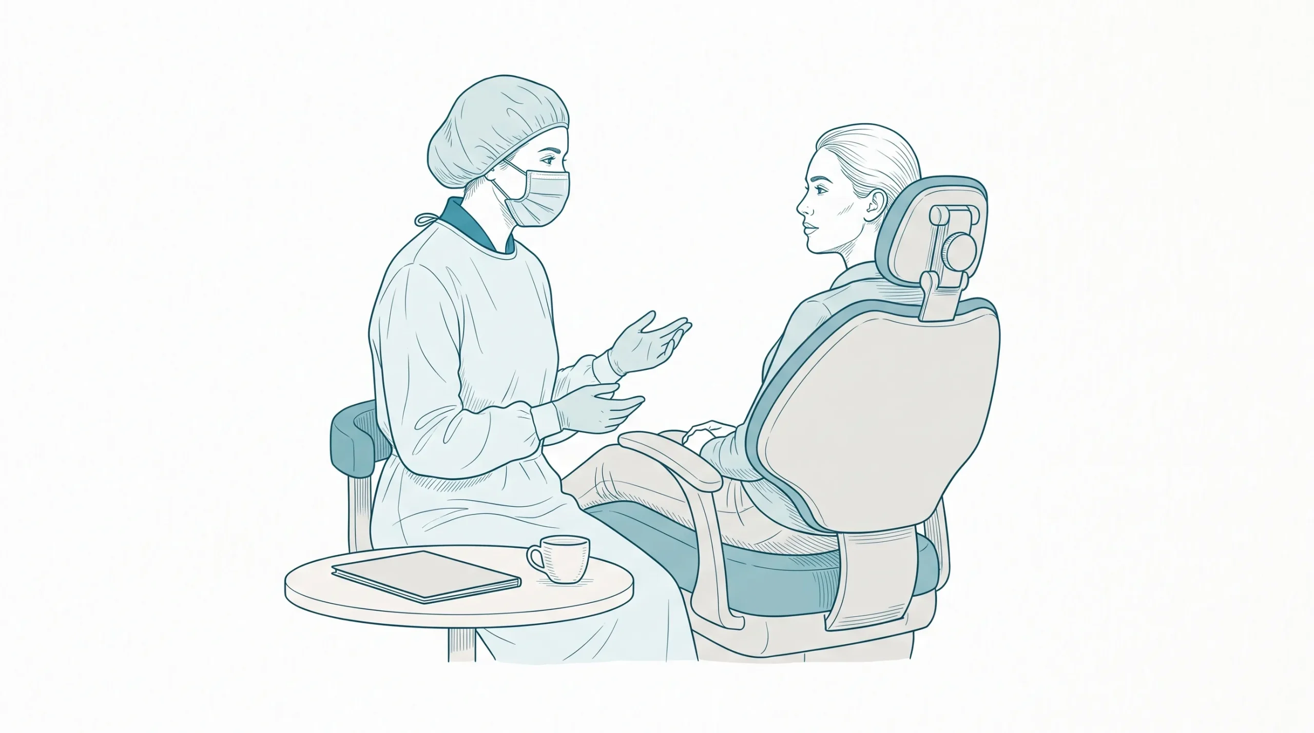 A dentist in PPE speaks with an adult patient seated upright in a dental chair during a first appointment.