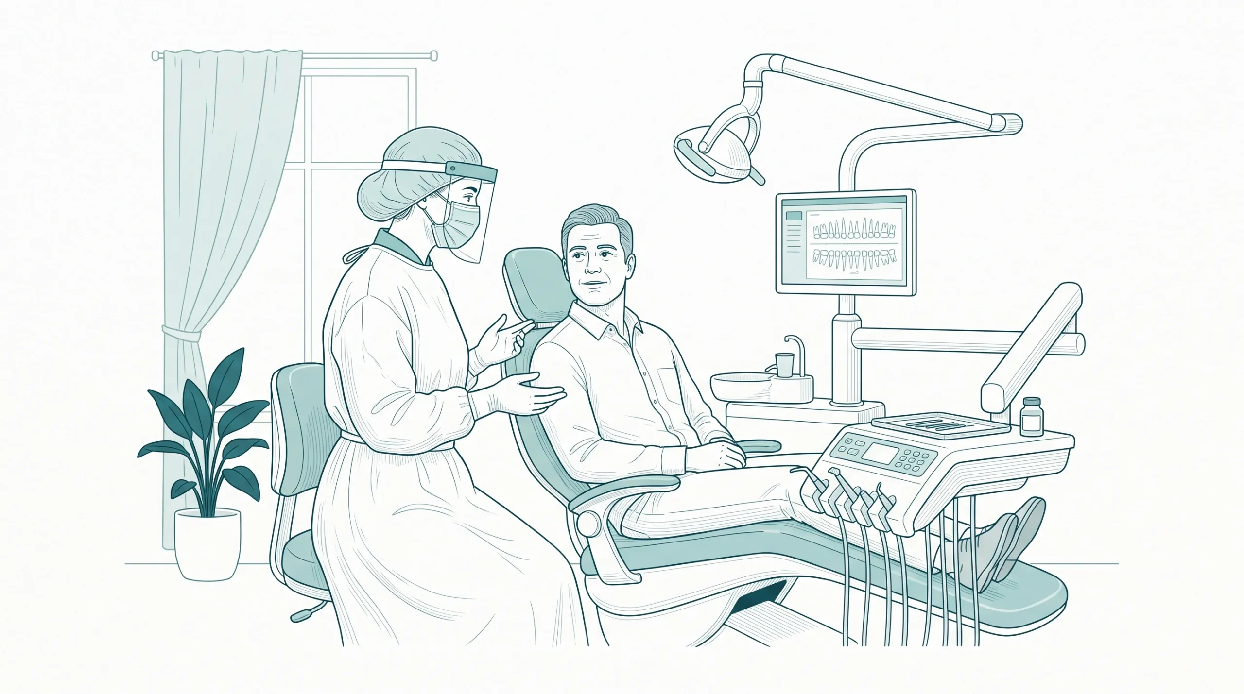 A dentist in PPE talks with an adult patient beside a treatment chair during a dental surgery consultation.