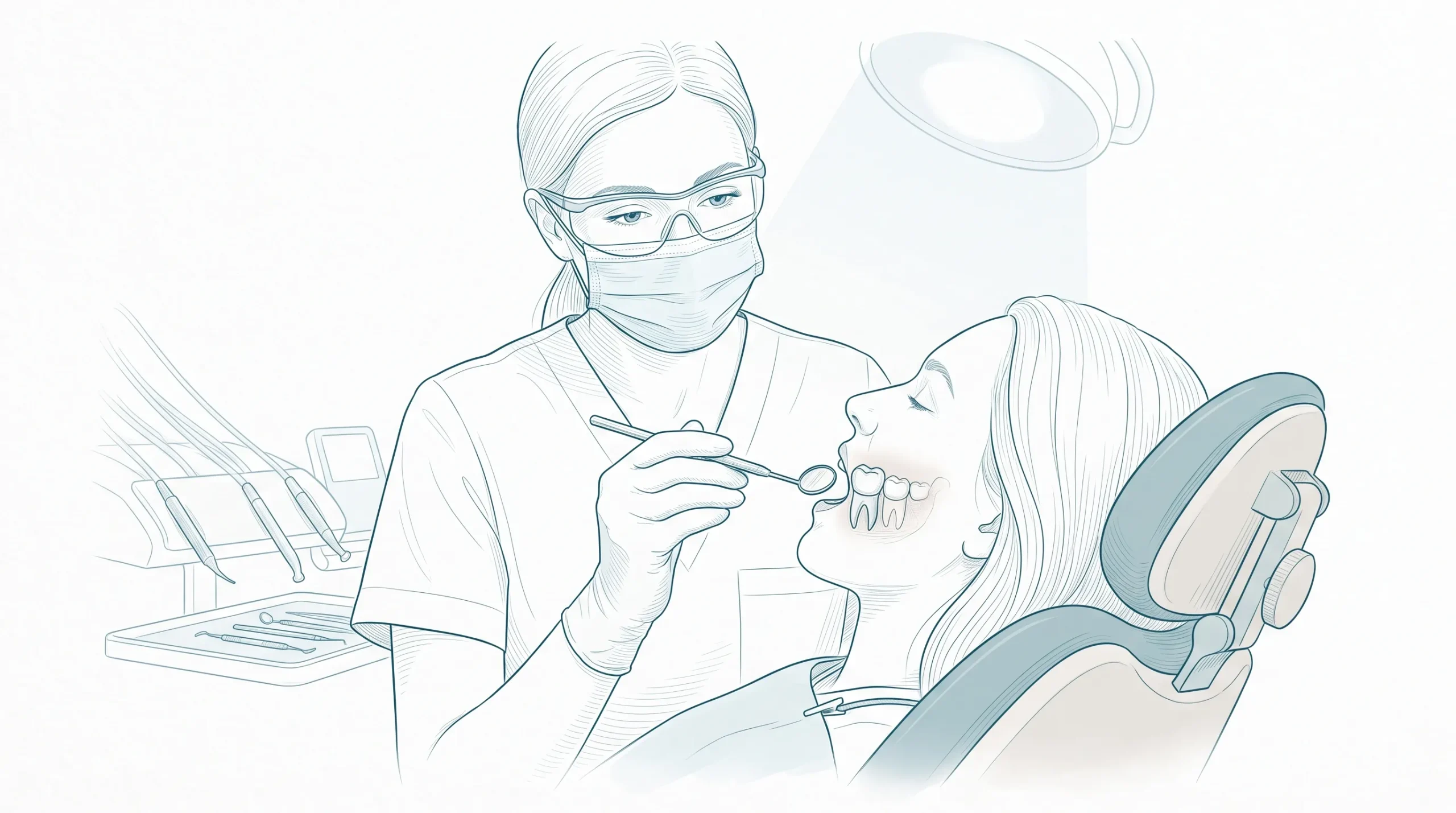 A dentist in scrubs, mask, eyewear and gloves examines a crowned molar with a mirror during a calm clinical assessment.