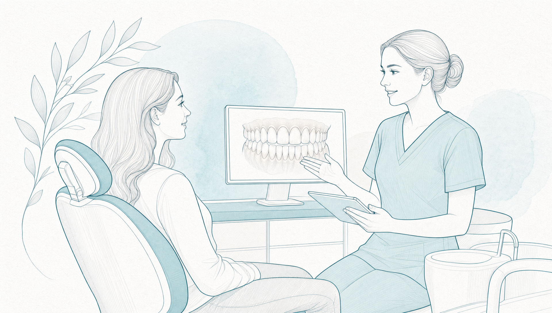 A dentist shows a seated patient a teeth diagram on a monitor during a dental consult, with a chair, tablet and simple clinic décor nearby.