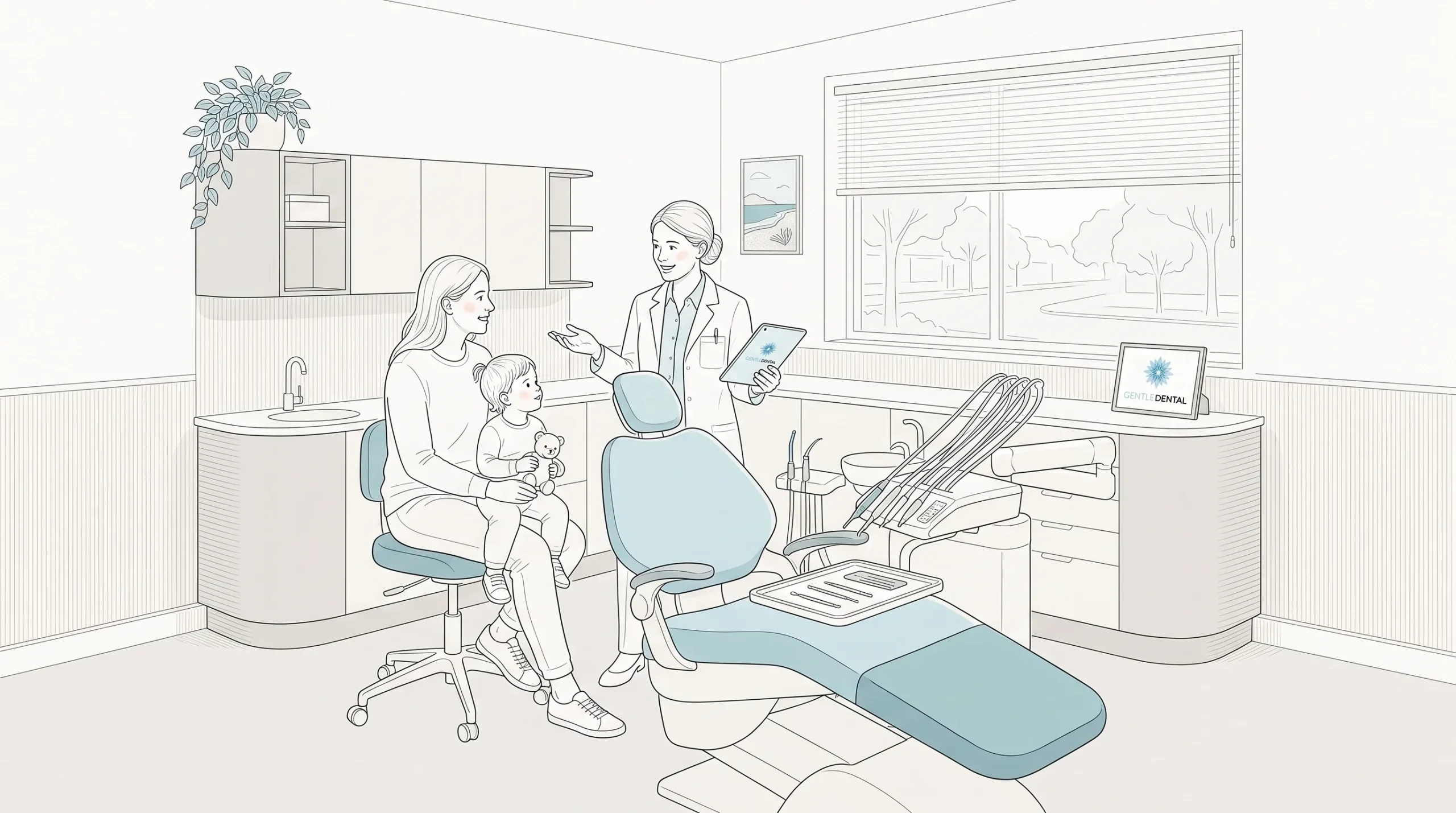 A dentist speaks with an adult and child beside a dental chair in a Geelong family clinic.