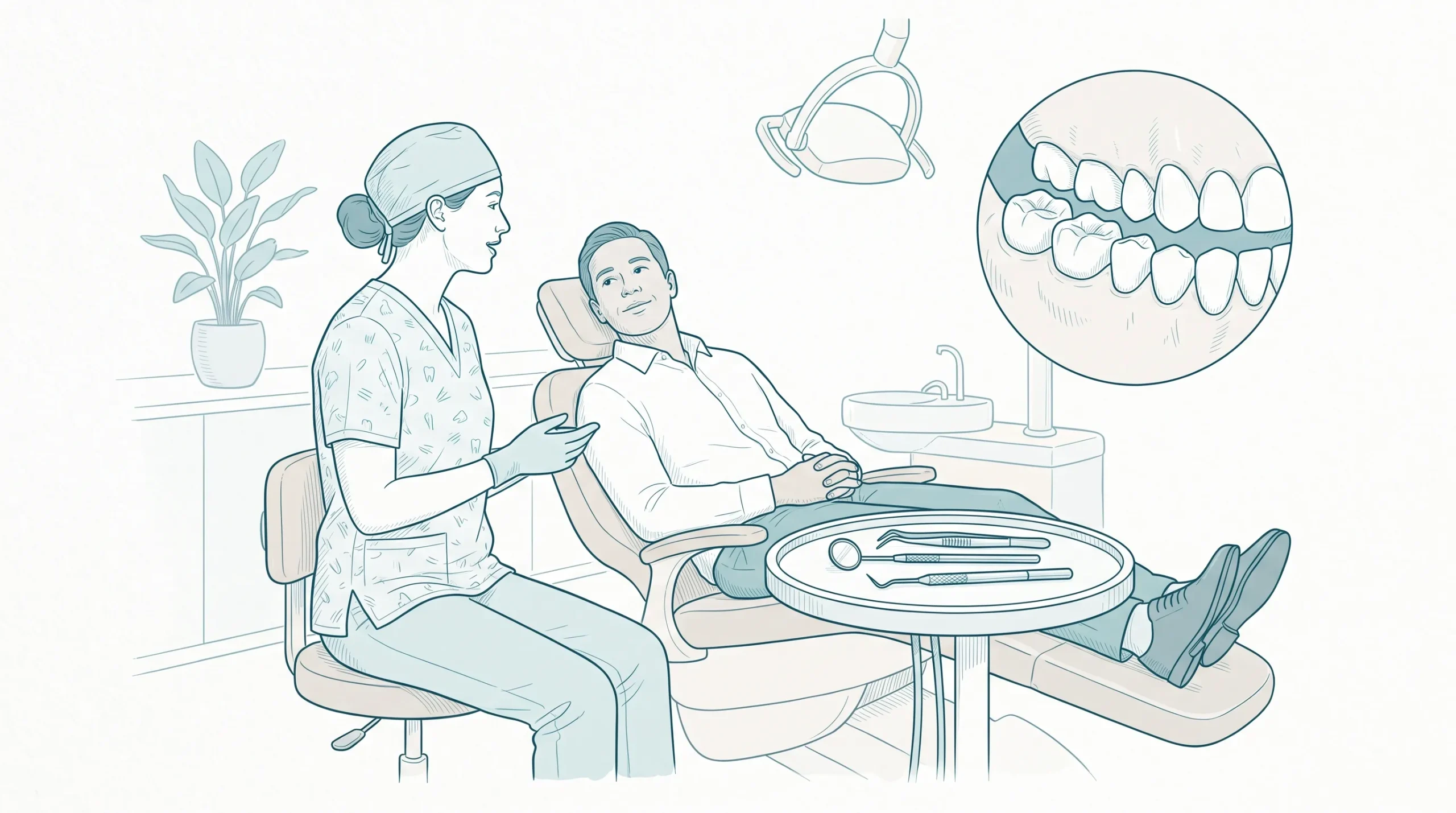A dentist speaks with an adult patient in a dental chair before treatment, with a mirror on a nearby tray and a close-up inset of natural teeth and gums.
