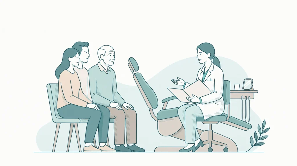 A dentist talks with an adult couple beside a treatment chair during a family care discussion.