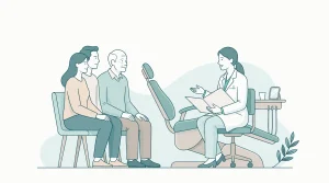 A dentist talks with an adult couple beside a treatment chair during a family care discussion.