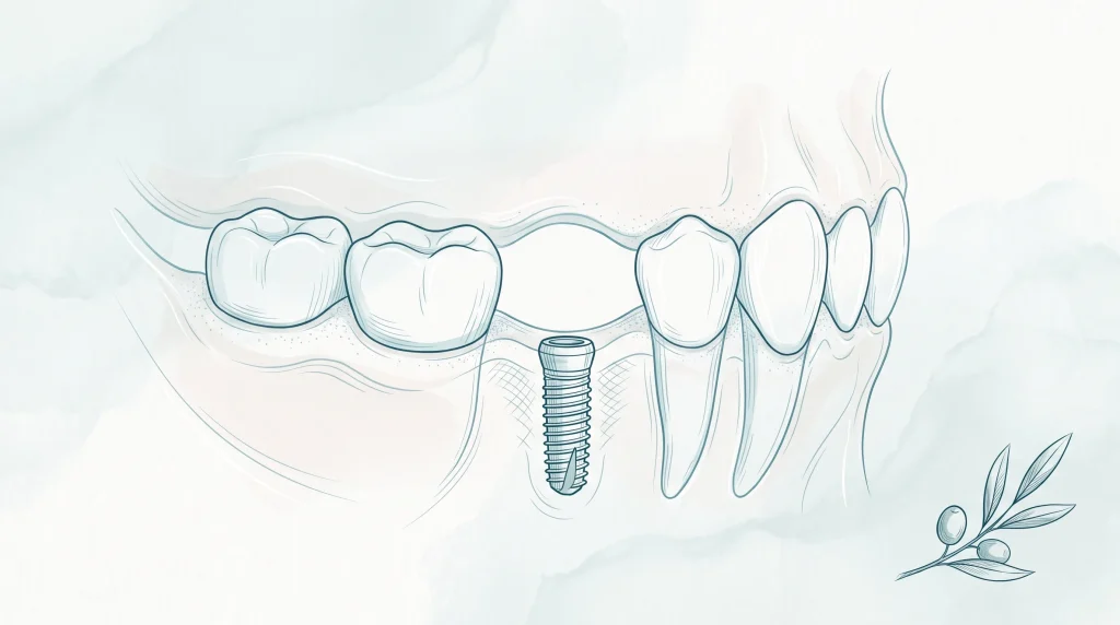 A detailed jaw section showing where a dental implant fits beneath the gumline.