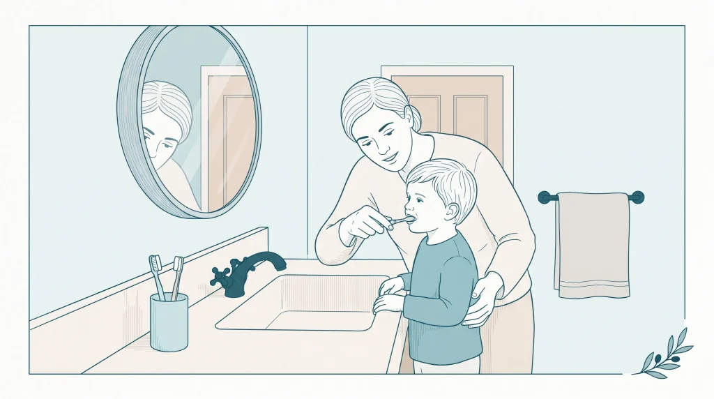 A parent helps a child brush teeth at a bathroom basin as part of a family routine.