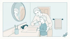 A parent helps a child brush teeth at a bathroom basin as part of a family routine.