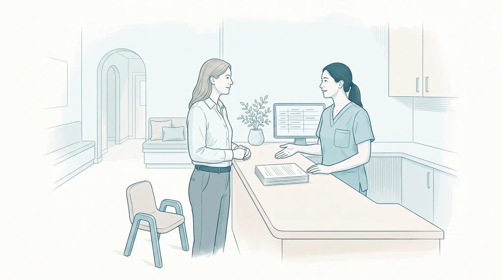A parent speaks with a dental receptionist about payment options for family care.
