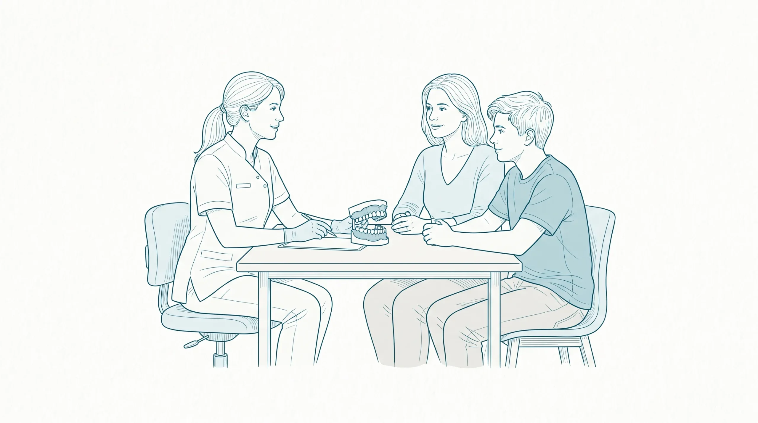 A parent, teenager and dentist discuss family dental services at a calm clinic table with a dental model.