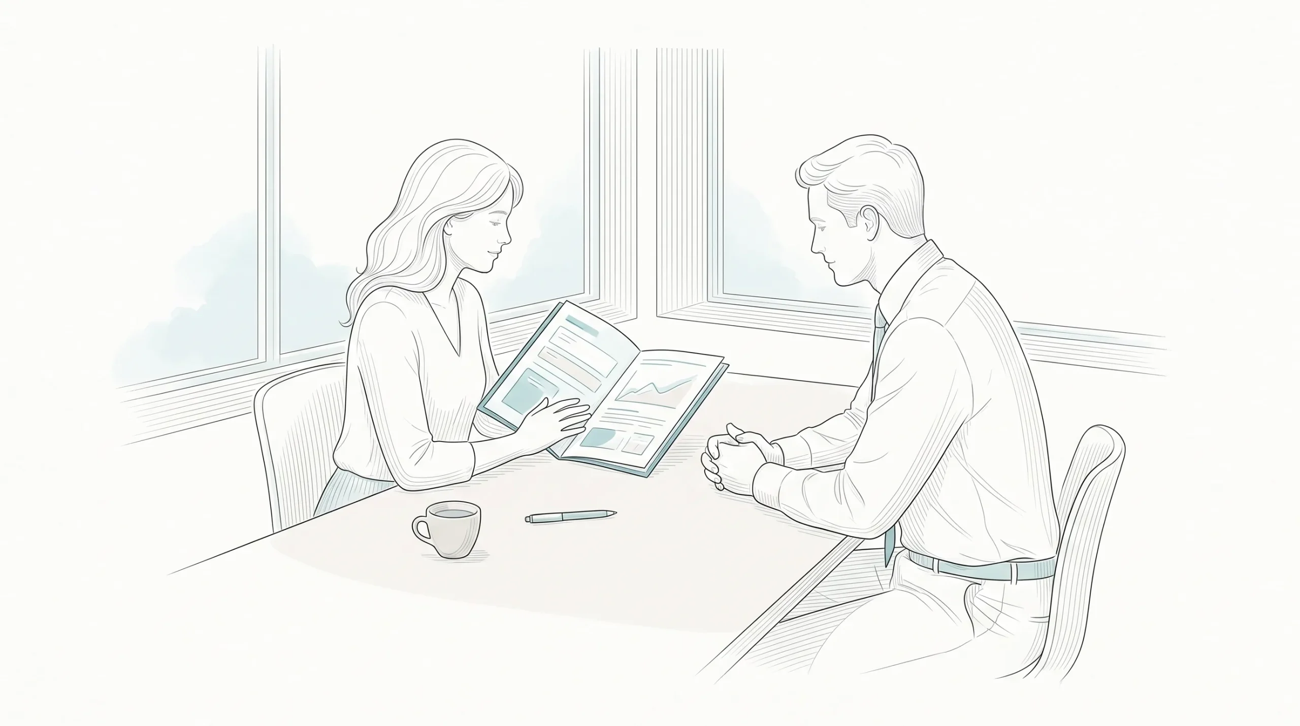 A patient reviews a dental treatment estimate and payment plan at a consultation table in a calm clinic setting.