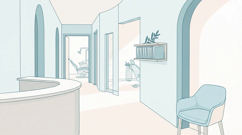 A quiet dental clinic corridor suggests a place for routine care and appointments.