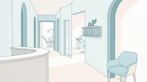 A quiet dental clinic corridor suggests a place for routine care and appointments.