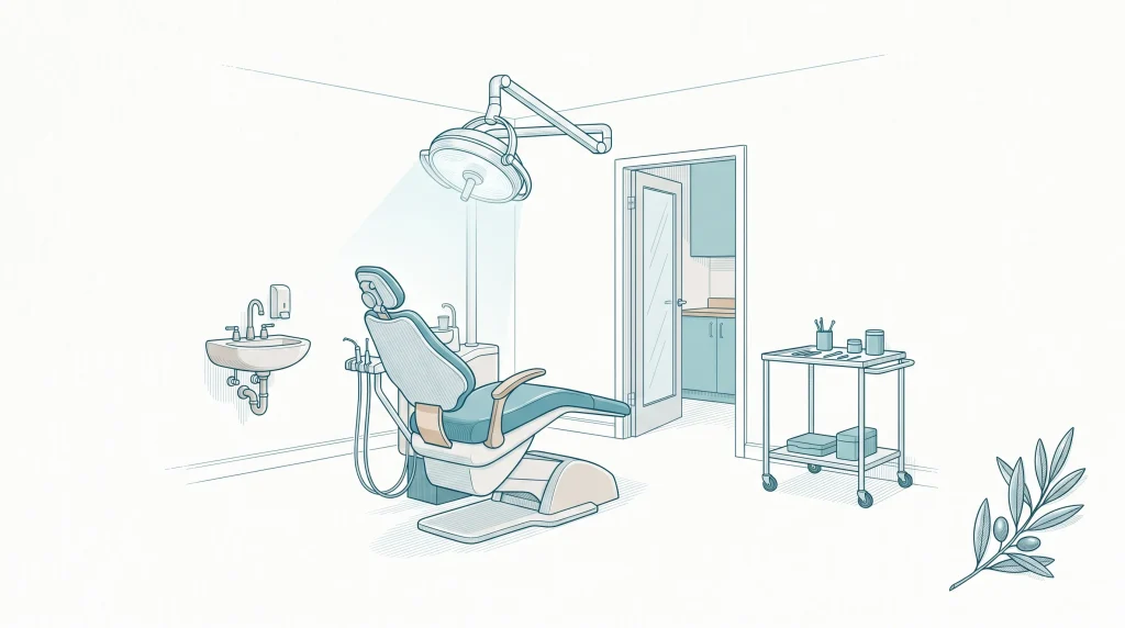 A quiet dental surgery interior shows the chair, light and tray trolley ready for a check-up.