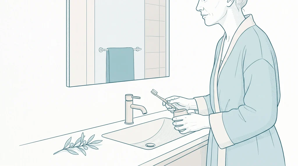 An adult at a bathroom basin pauses with a toothbrush and cup before a dental visit.