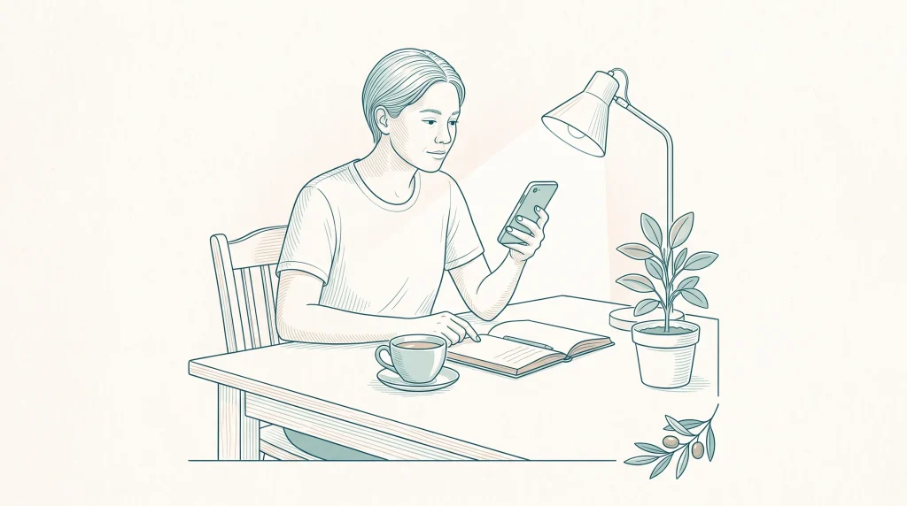 An adult at home reads dental reviews on a phone while deciding which clinic to contact.