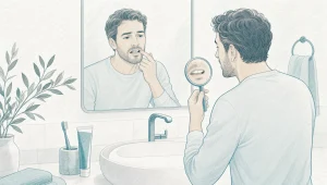 An adult checks a chipped tooth in a bathroom mirror before arranging a dental restore appointment.