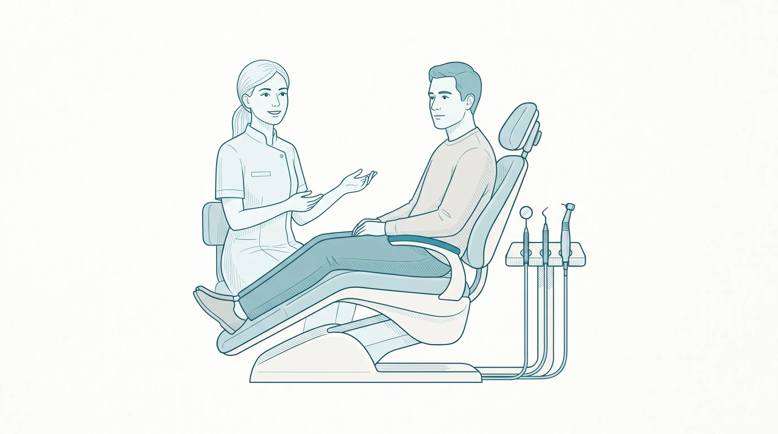 An adult dentist speaks calmly with a seated patient beside a dental chair and a small instrument tray.