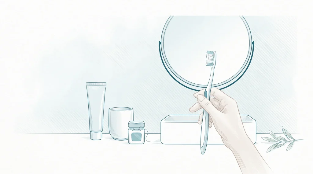 An adult hand with a toothbrush beside toothpaste and floss at a bathroom sink for everyday oral dental care near me.