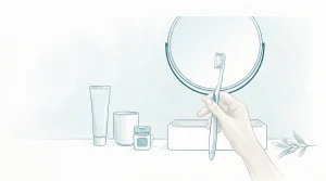 An adult hand with a toothbrush beside toothpaste and floss at a bathroom sink for everyday oral dental care near me.
