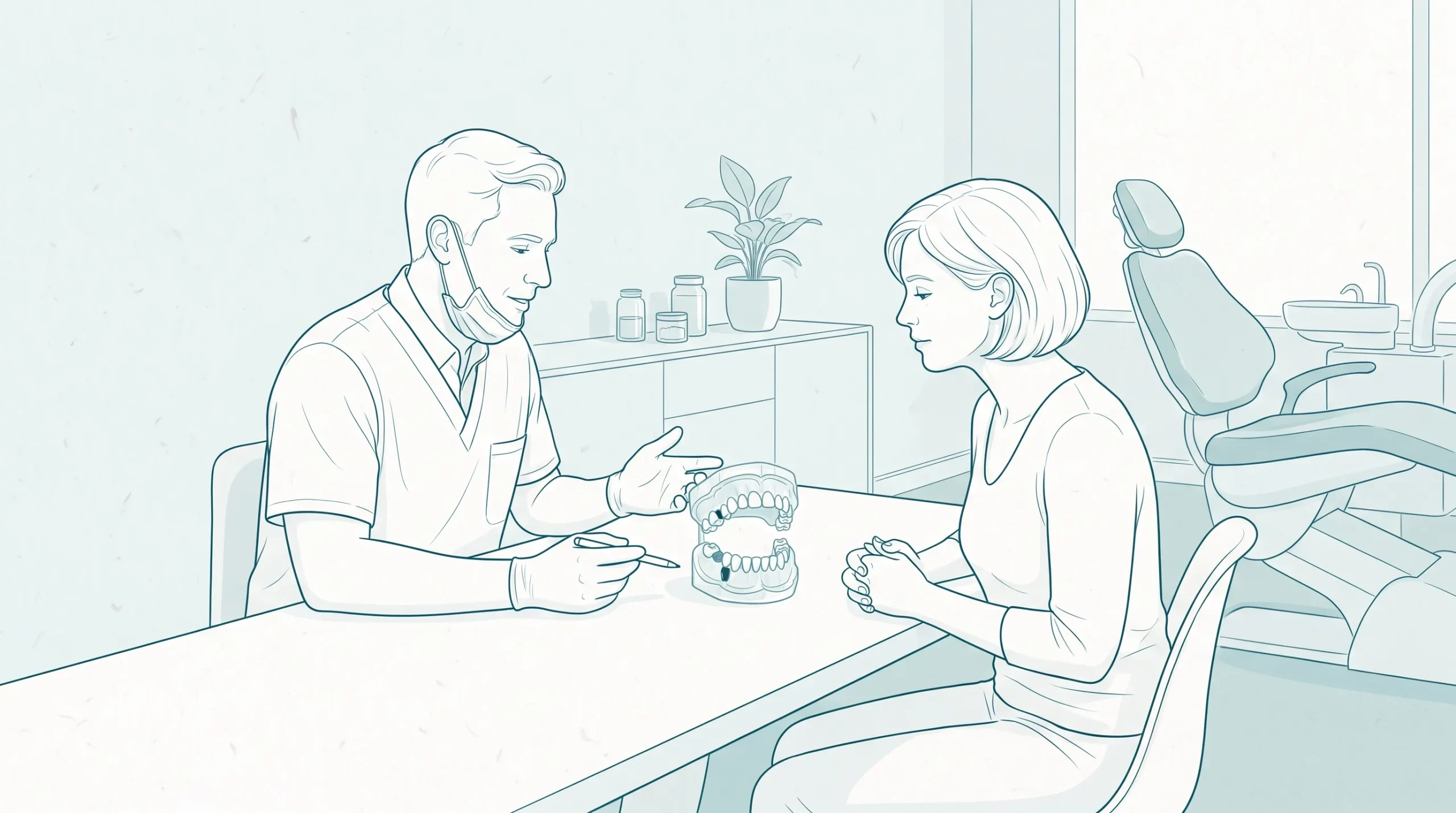 An adult patient and dentist discussing missing tooth replacement options beside a dental model in a calm clinic room.
