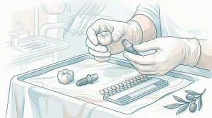 An implant crown and abutment are prepared for fitting in a dental clinic.