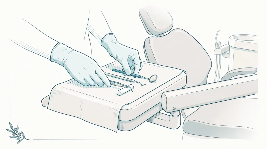 Gloved hands arrange dental instruments on a tray beside a treatment chair.