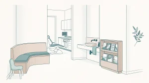 The interior of a family dental clinic, with a waiting chair, reception bench and treatment room doorway.