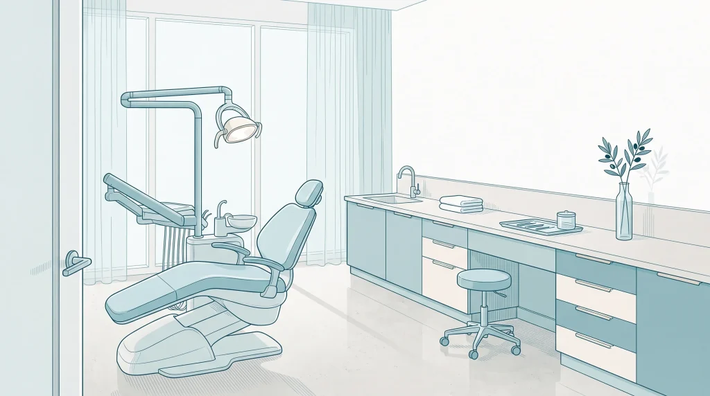 A clean dental treatment room with a chair, examination light and clinical workspace ready for preventive care.