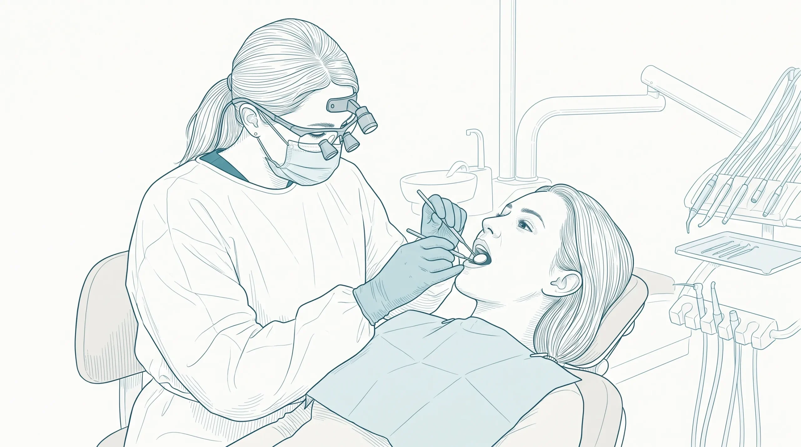 A dental professional in protective gear gently checks a patient’s back molar with a mirror during a wisdom tooth assessment.
