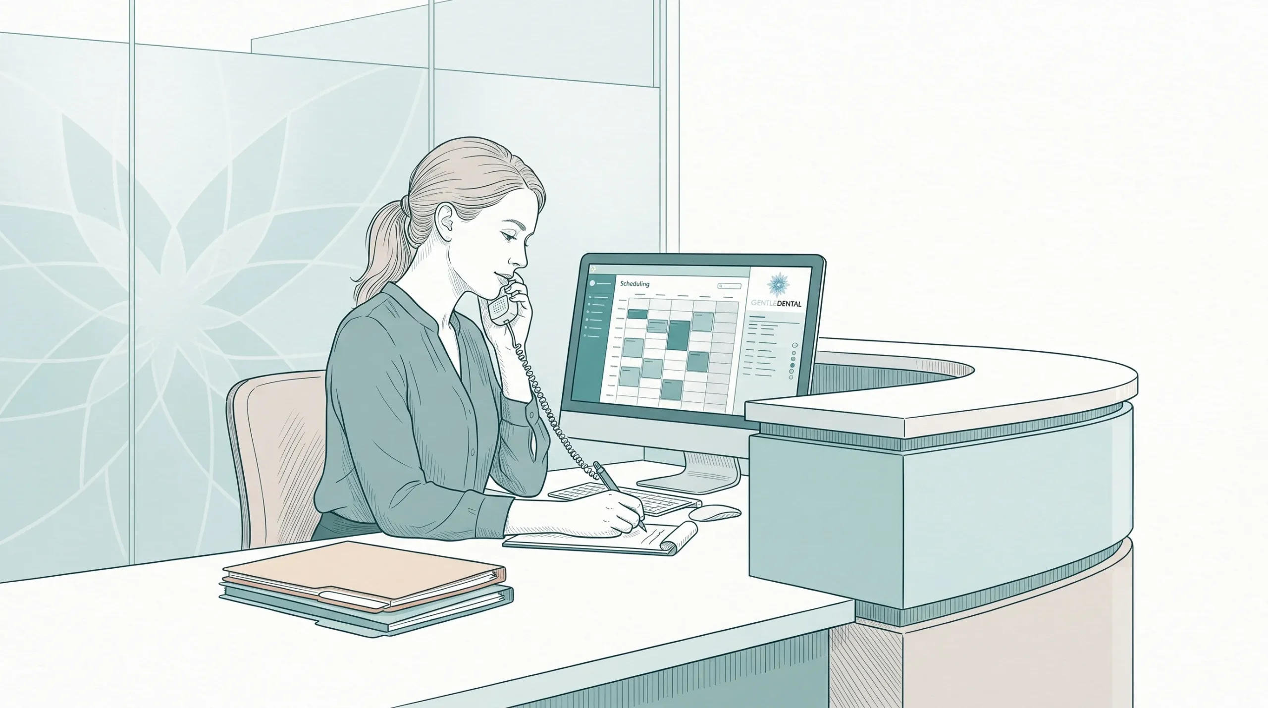 A dental receptionist answering a phone at the front desk while arranging an urgent appointment.