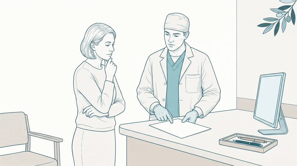 A dentist and adult patient discuss a dental estimate at a clinic counter with a blank sheet and small monitor nearby.