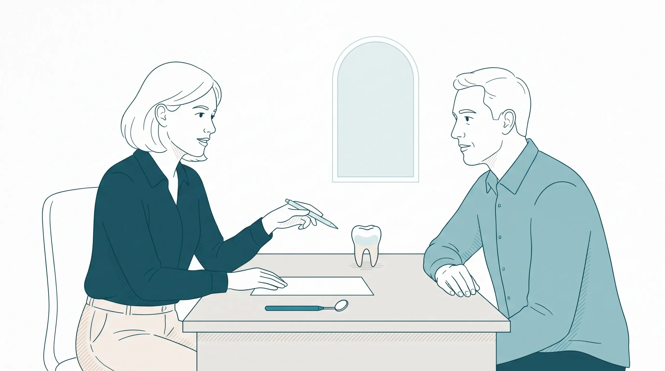 A dentist and adult patient discuss a treatment estimate at a consultation desk with a tooth model and dental mirror nearby.