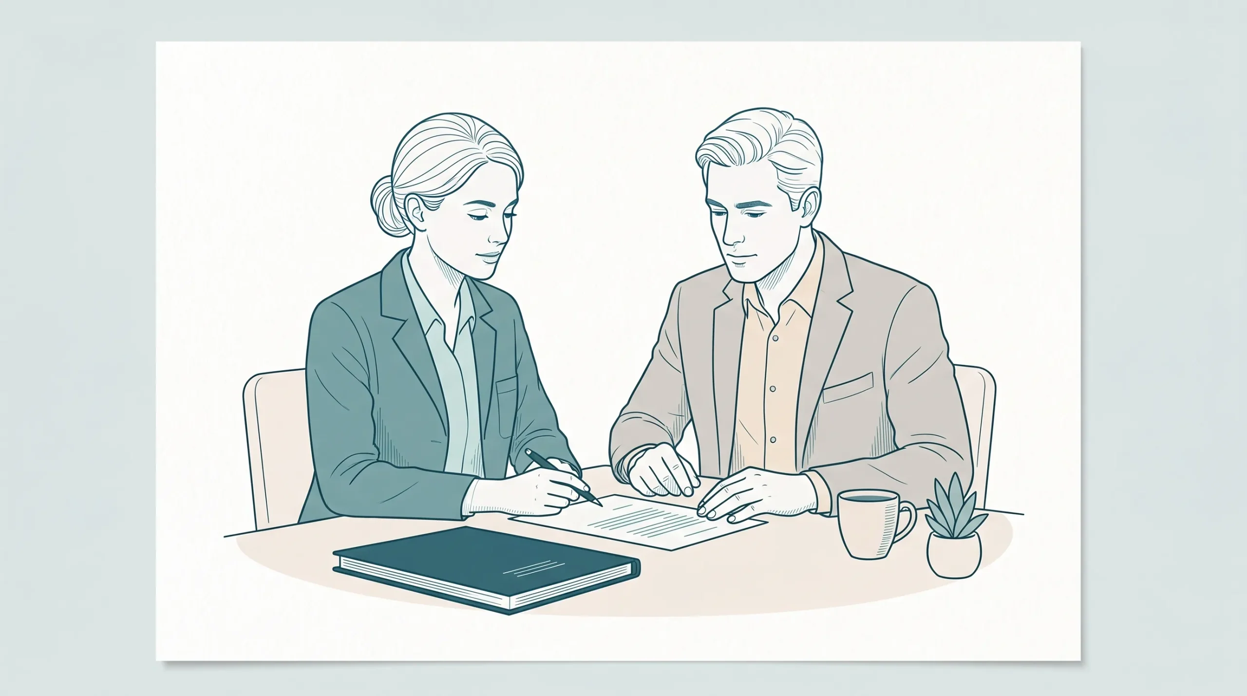 A dentist and adult patient discuss the cost of dentistry at a clinic table with a closed folder between them.