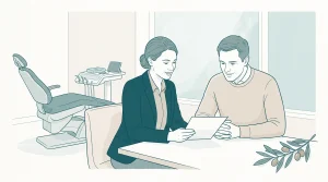 A dentist and adult patient discuss treatment options and costs in a calm consultation room.