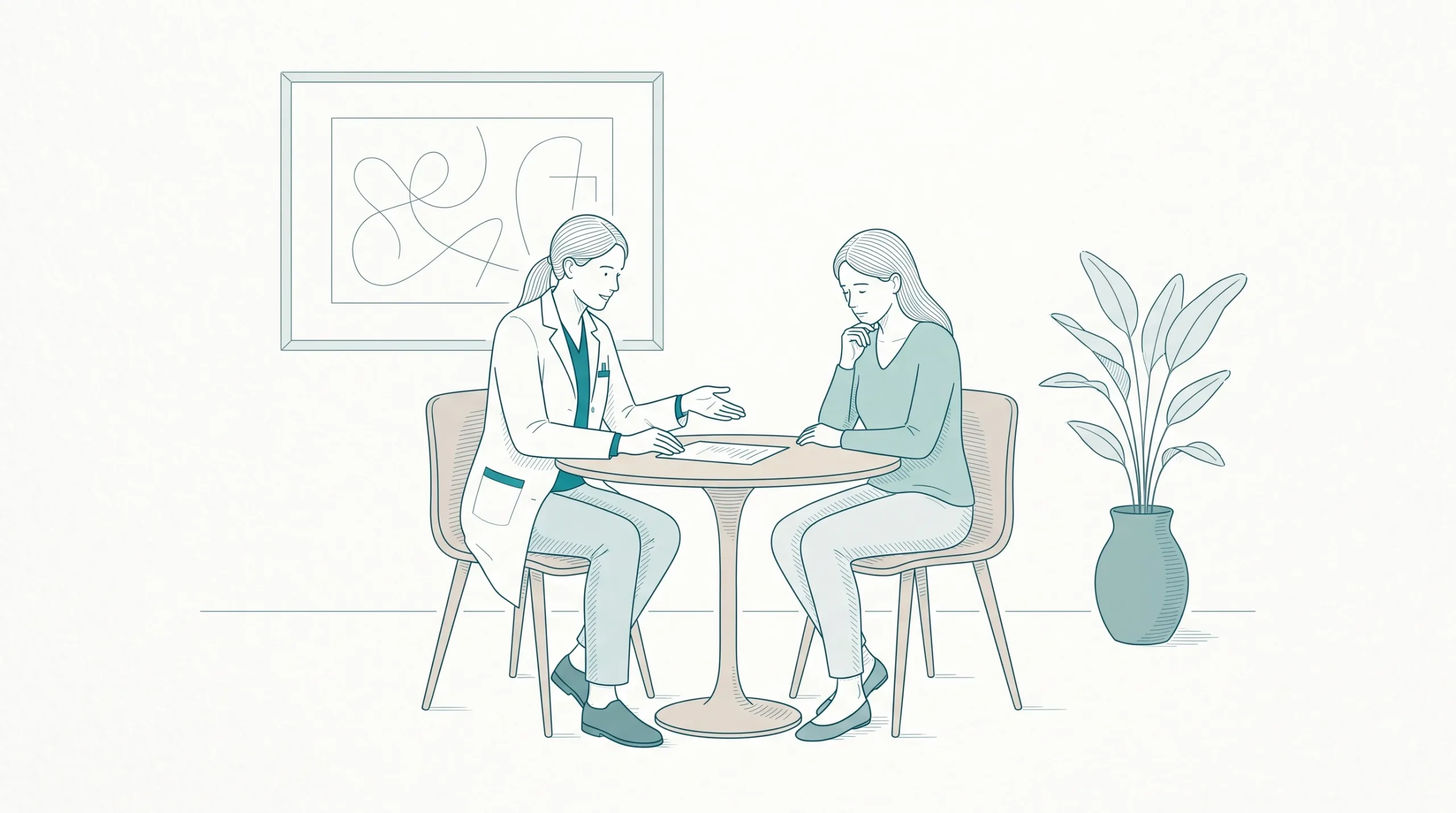 A dentist and adult patient sit at a small table discussing treatment options in a calm consultation room.