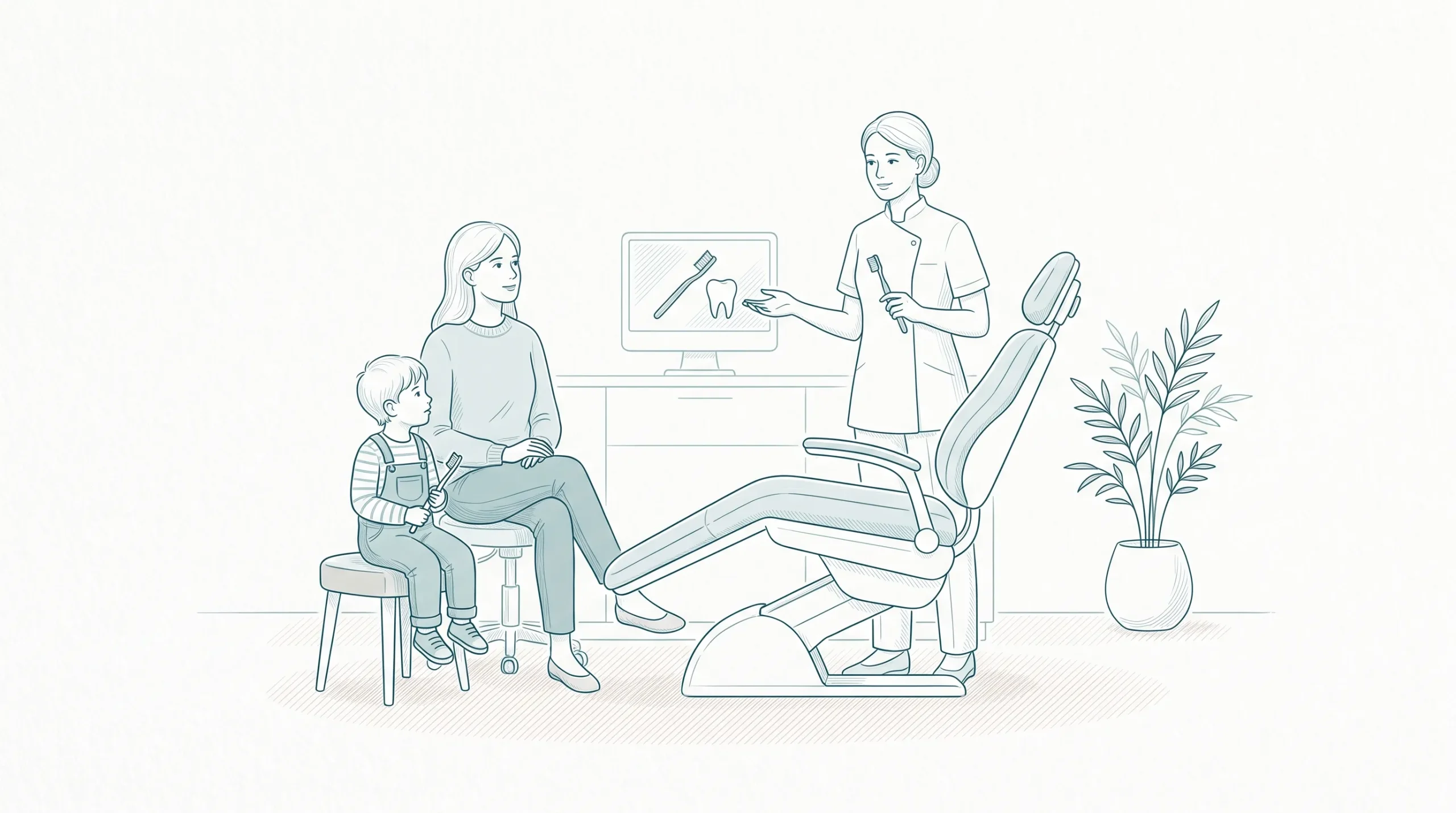 A dentist explains routine dental care to a parent and child beside a dental chair at a family practice.