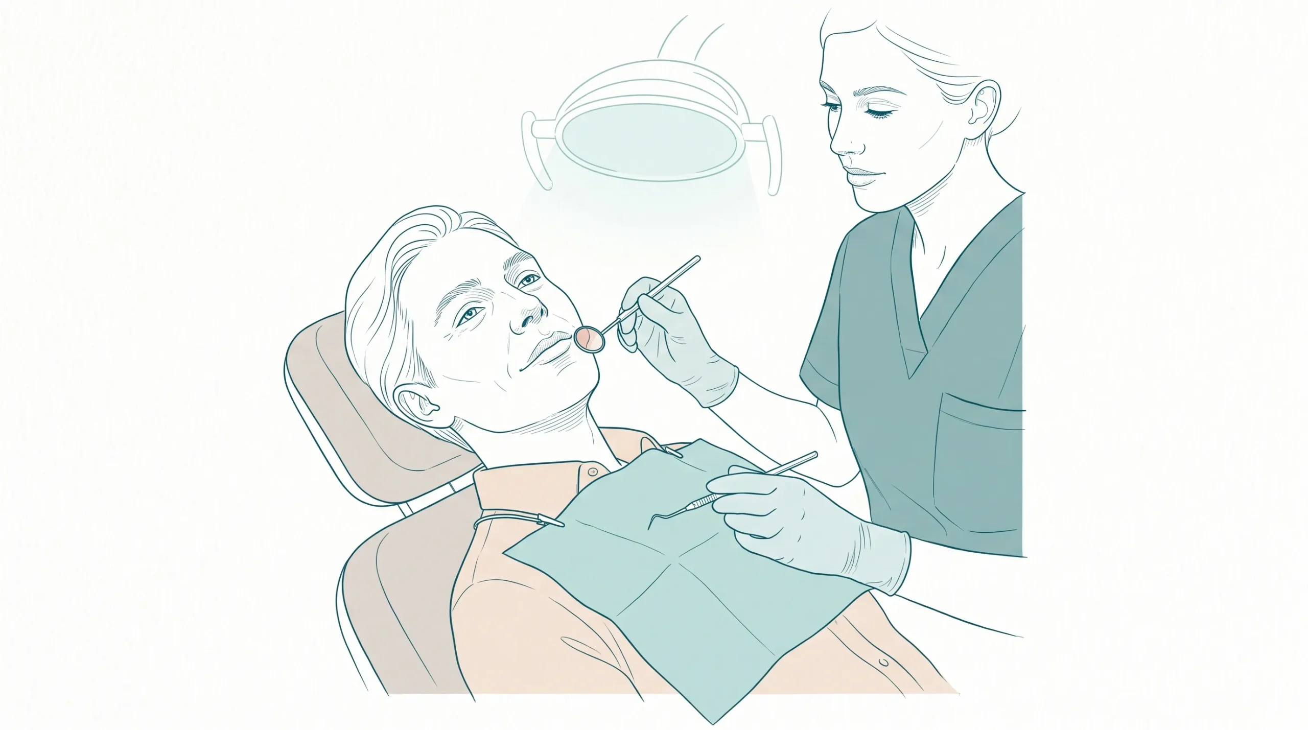 A dentist gently inspects an adult patient’s inner cheek with a small mirror during a routine oral examination.