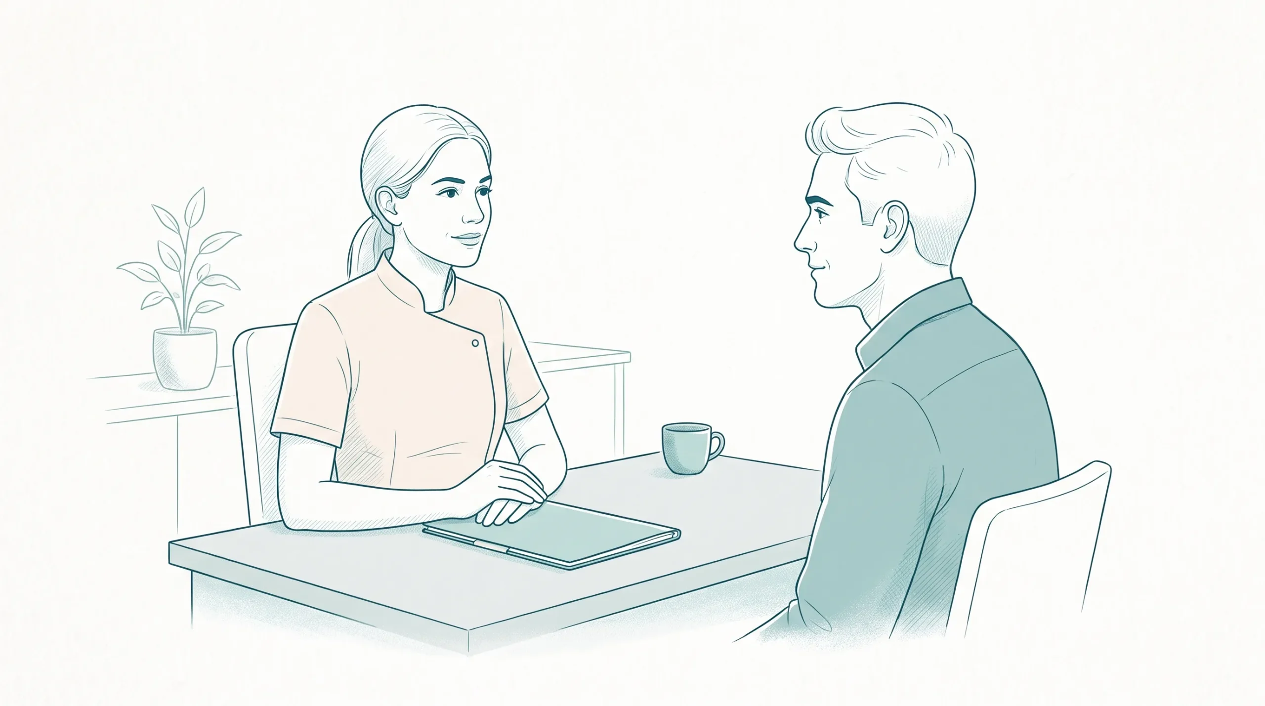 A dentist in a clean clinical tunic and an adult patient sit across a desk with a closed folder during a calm consultation.