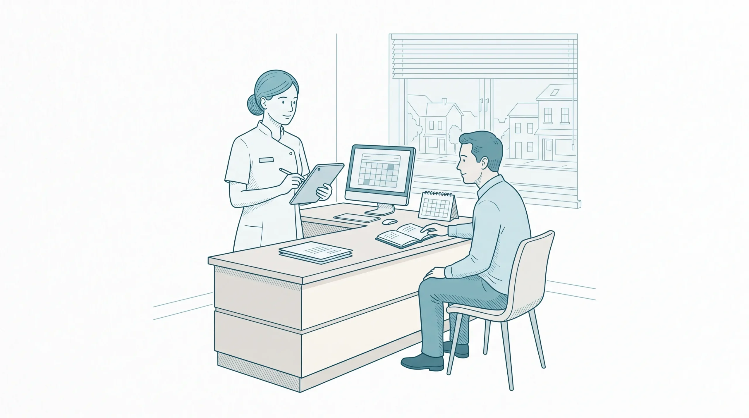 A dentist in a clean clinical tunic calmly discusses appointment availability with an adult patient seeking dental care near me open now at a Geelong reception desk.