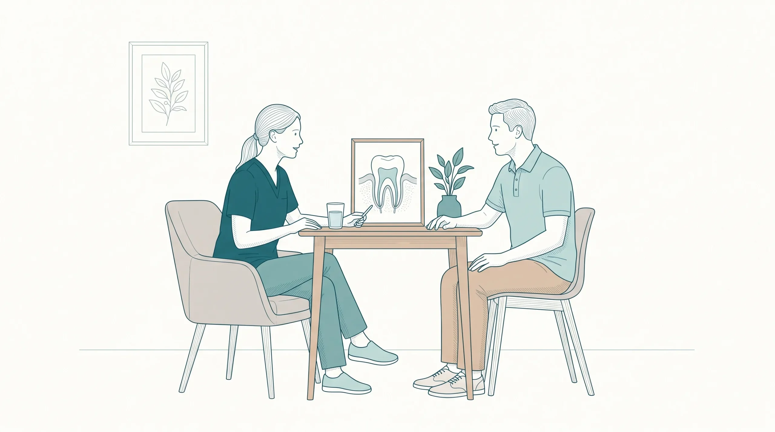 A dentist in clinical scrubs speaks with an adult patient during a calm discussion about preventive dental care.