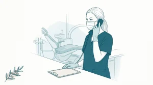 A dentist taking an urgent call in a clinic room beside the treatment chair.