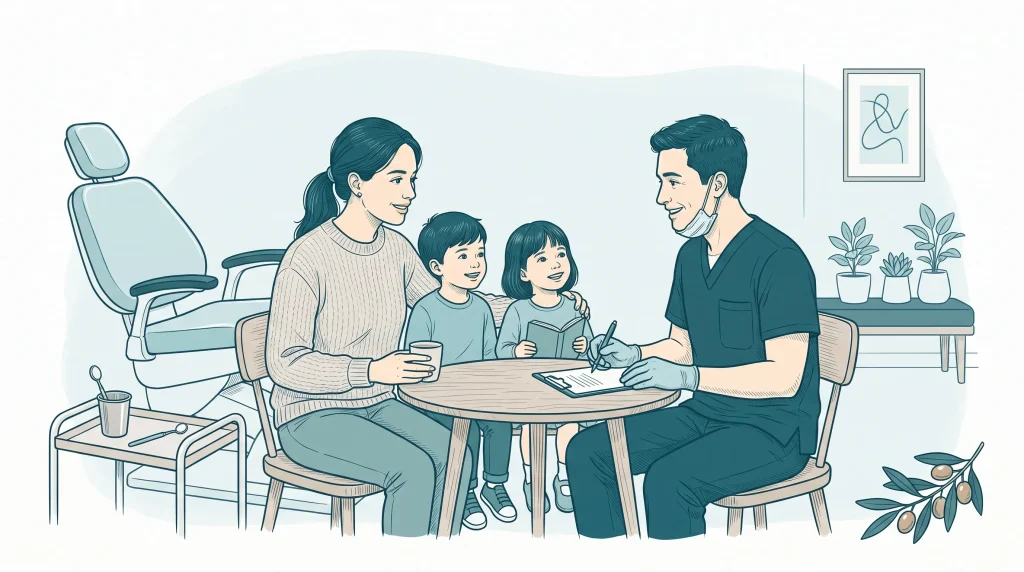 A dentist talks with a parent and two children during a family consultation at a general dental practice near me.