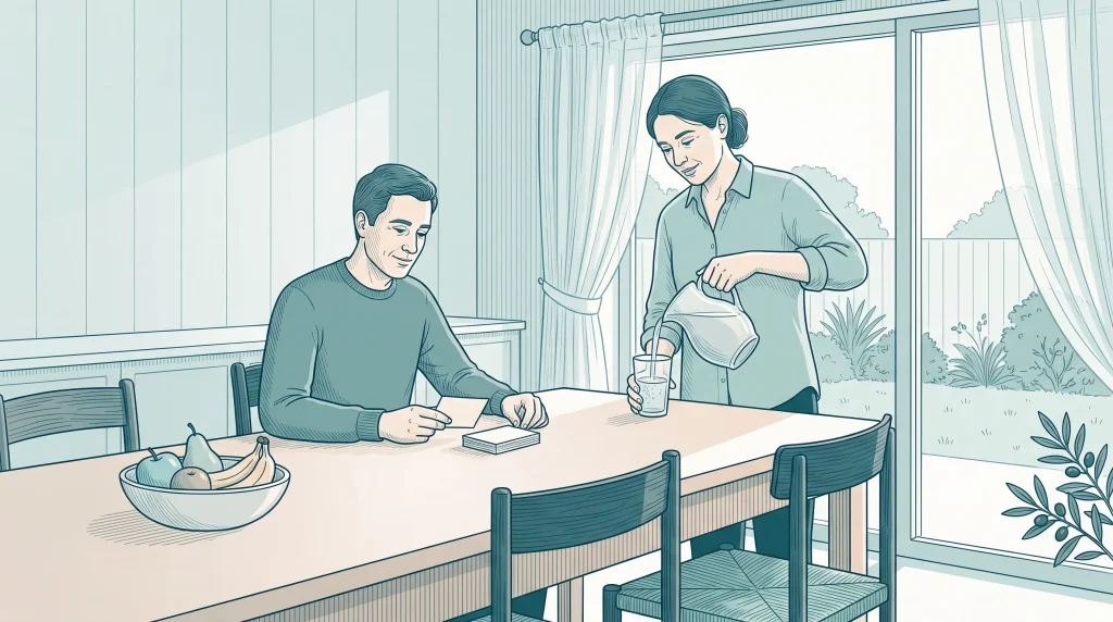 A family at a kitchen table looks over blank dental appointment cards while organising care at home.