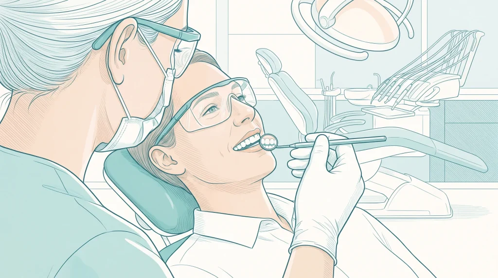 A masked dental professional examines an adult patient’s teeth with a mirror during an assessment of general dental needs.