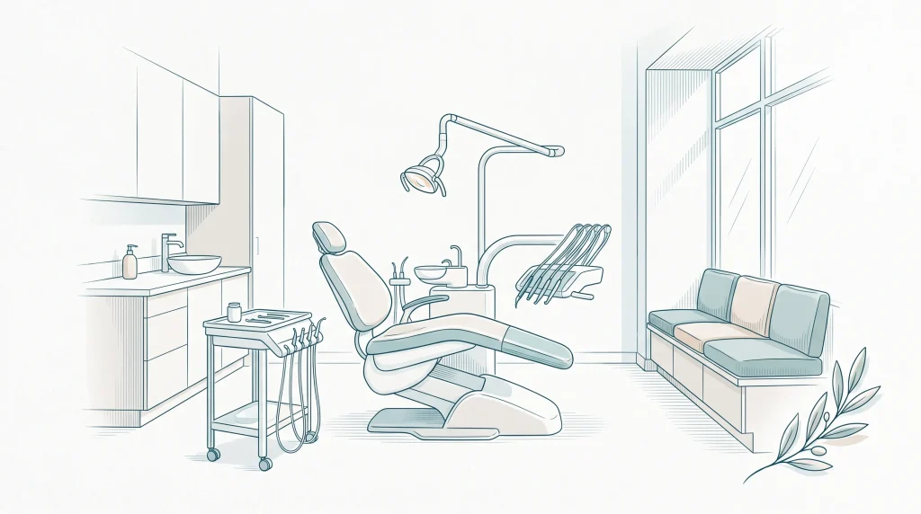 A quiet dental treatment room shows the setting for a routine visit and broader oral examination.