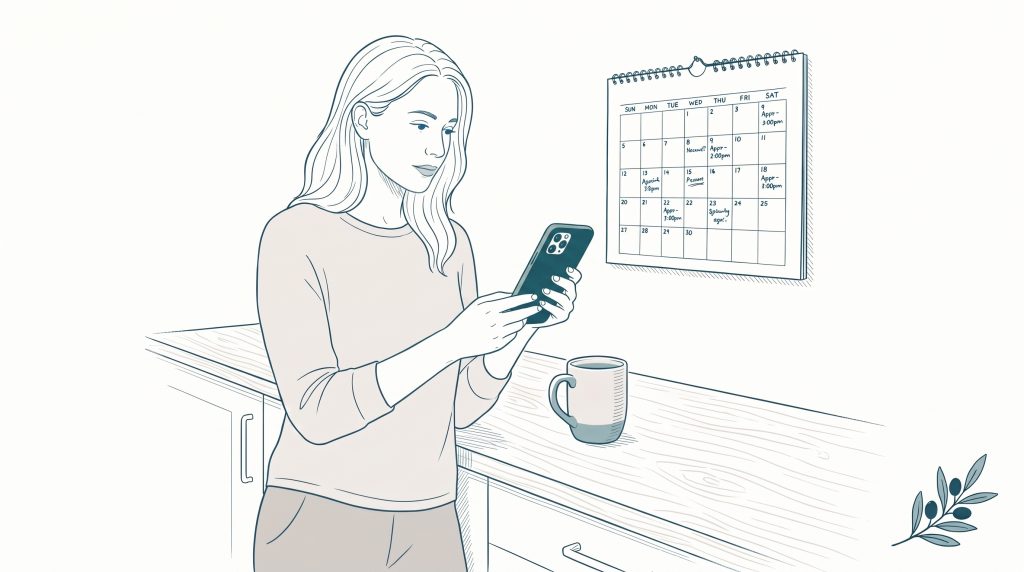 A woman checks her phone beside a wall calendar with appointment notes, suggesting she is searching for dental care in Geelong.