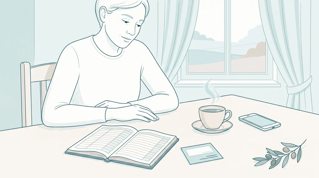 An adult at home compares a budget notebook and appointment card while thinking about dental costs.