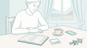 An adult at home compares a budget notebook and appointment card while thinking about dental costs.