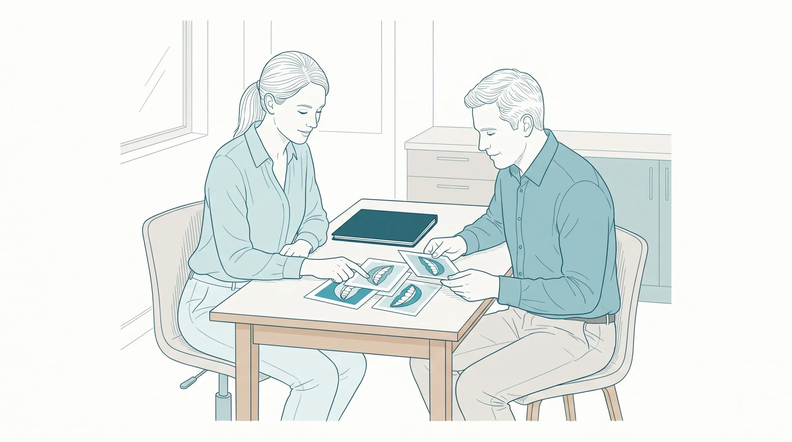 An adult patient and dentist discuss printed dental smile photographs at a clinic table, with a closed folder between them.